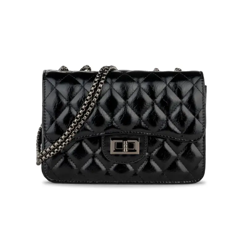 OBSEL Borsa nera lucida da donna effetto trapuntato con tracolla in catena