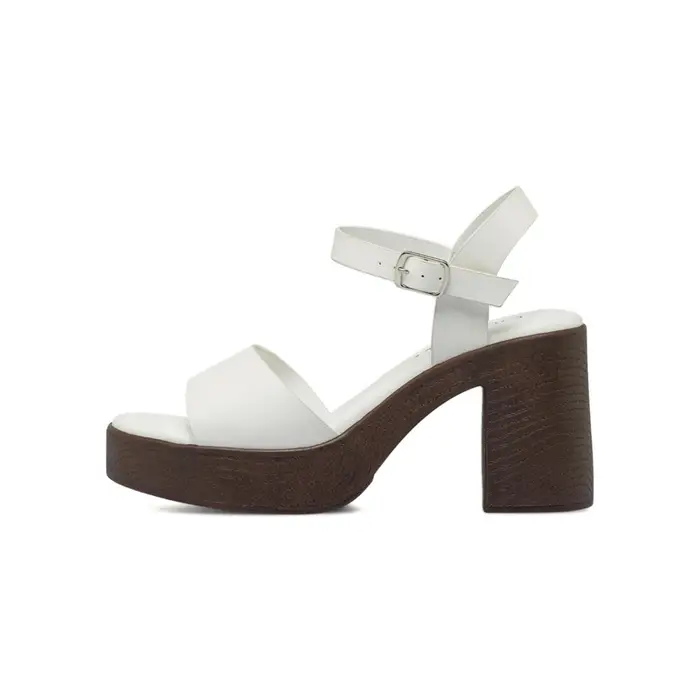 OBSEL Sandali bianchi da donna con tacco largo 9 cm e plateau effetto legno