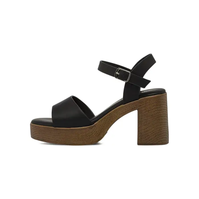 OBSEL Sandali neri da donna con tacco largo 9 cm e plateau effetto legno
