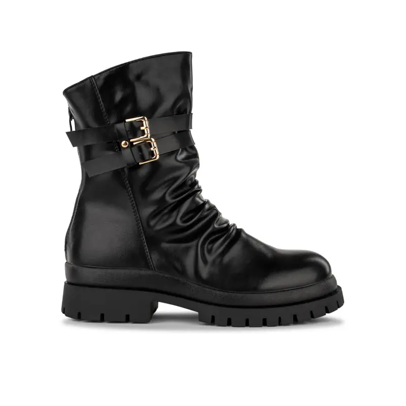 OBSEL Stivaletti neri bassi da donna con arricciatura, fibbie e suola carrarmato