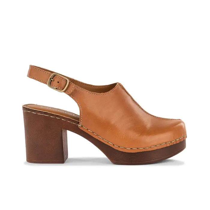 Zoccoli con tacco e plateau marroni in pelle da donna