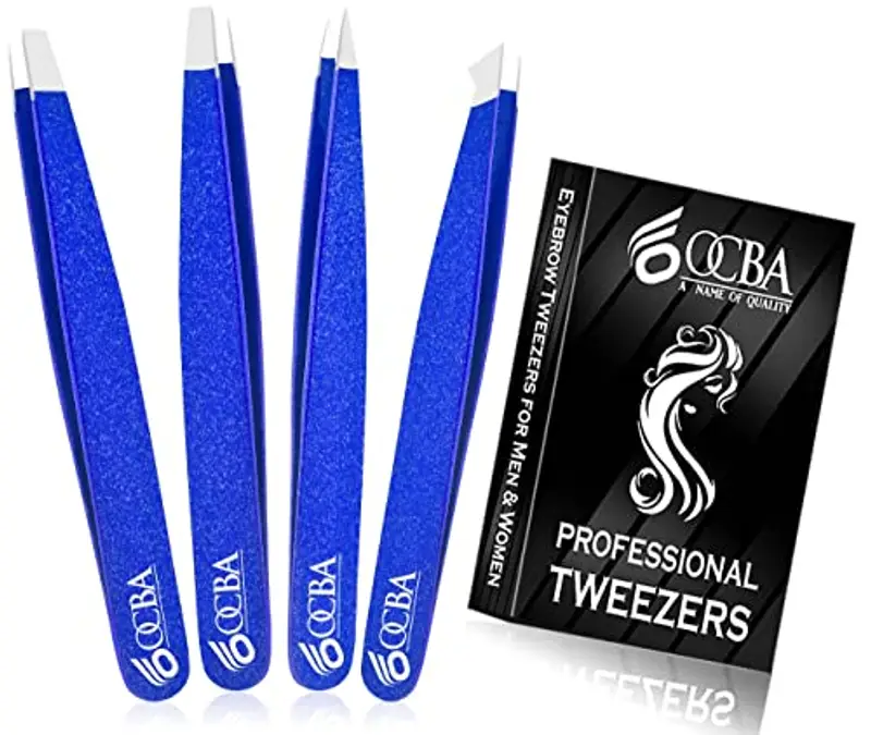 OCBA 4 pinzette blu per peli del viso donne e uomini per la cura precisa delle sopracciglia - Pinzette professionali in acciaio