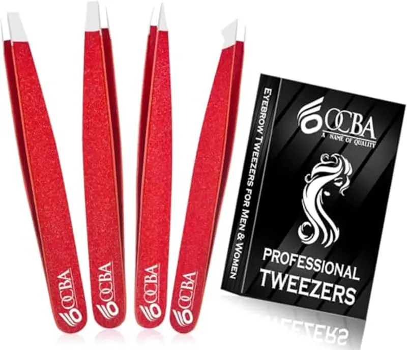 OCBA 4 pinzette rosse per peli del viso donne e uomini per la cura precisa delle sopracciglia, pinzette professionali in acciaio