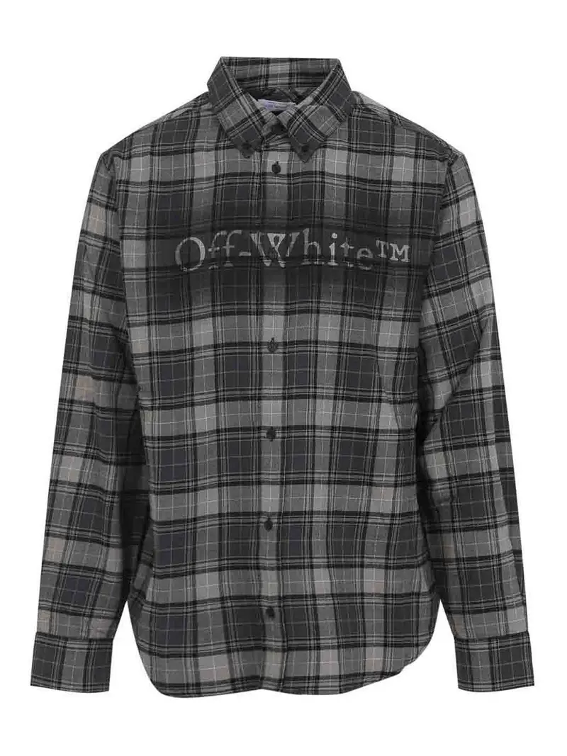 Off-White Camicia Flan Reg a quadri con motivo spray Grigio Scuro