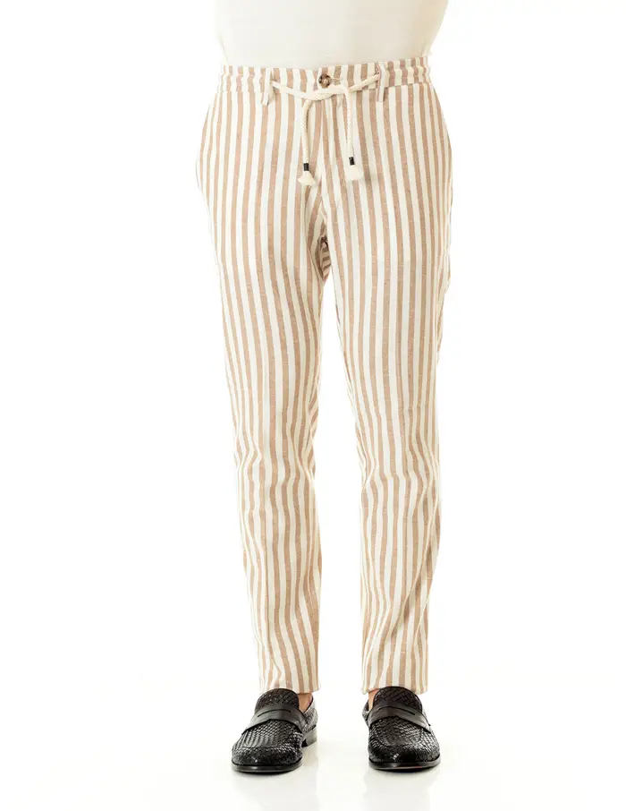 Pantaloni Old river uomo beige a righe in lino