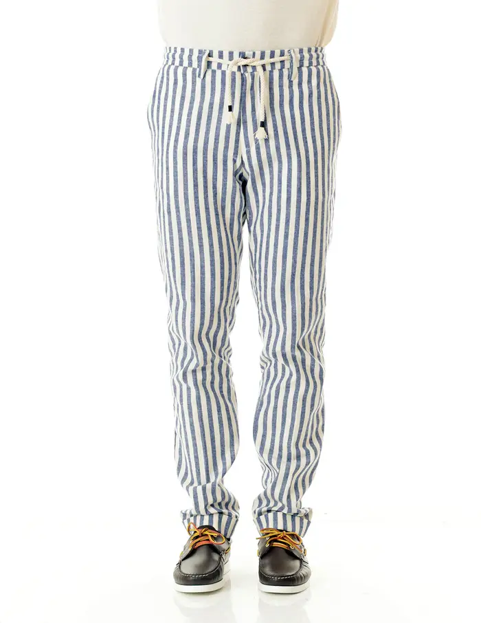 Pantaloni Old river uomo blu a righe in lino