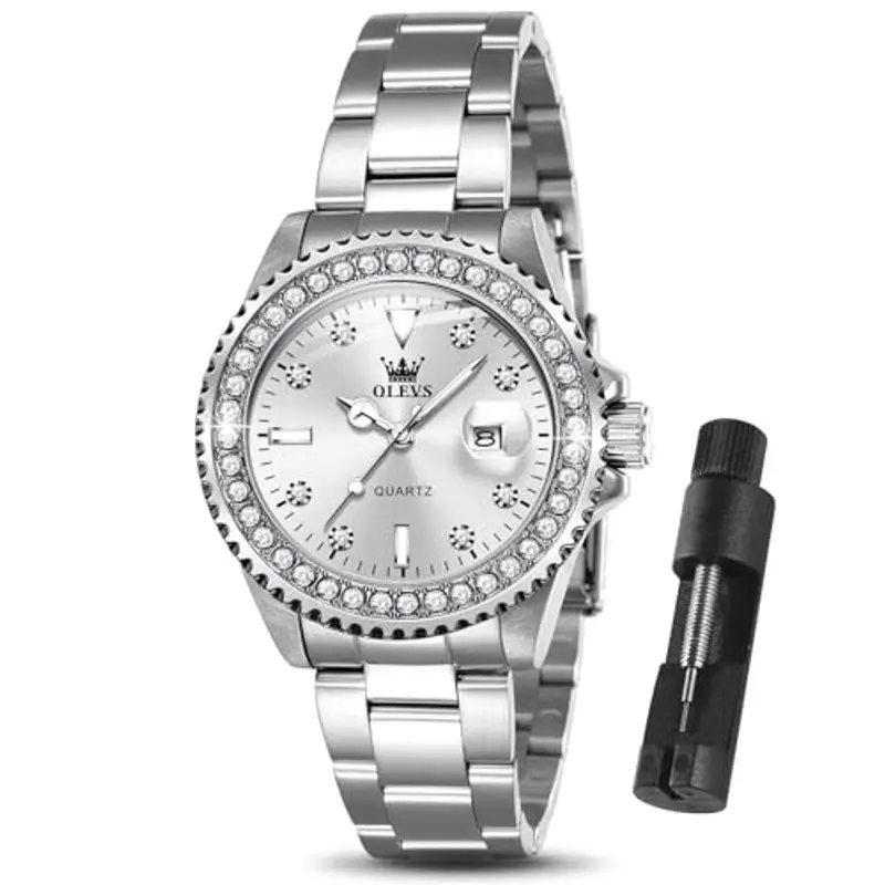 OLEVS Argento Orologio Donna Moda Delicato Diamante Acciaio Inossidabile Orologio da Polso Donna Luminoso Impermeabile