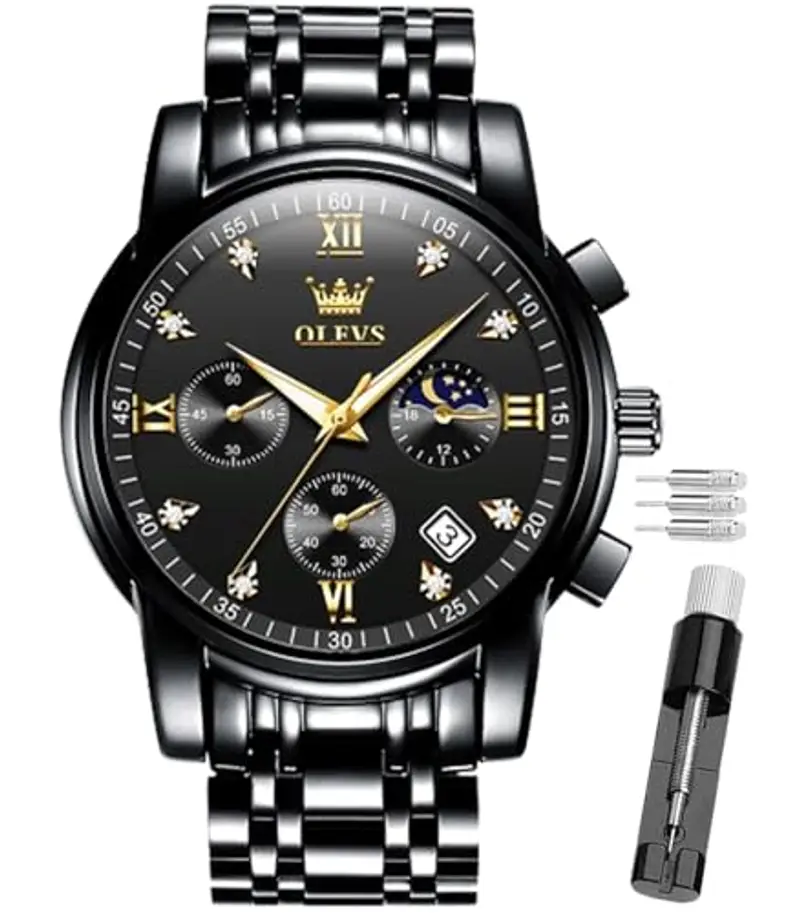 OLEVS Male Wrist Watches, Analog Quartz Business Stainless Steel Waterproof Luminous Watches Luxury Casual Big Diamond