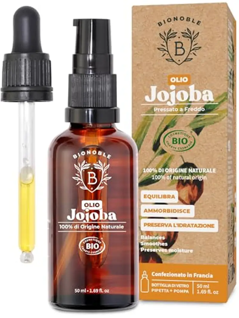 BIONOBLE Olio di Jojoba Biologico 50ml - 100% Puro, Naturale e Pressato a Freddo - Viso, Corpo, Capelli, Barba, Unghie - Vegan e