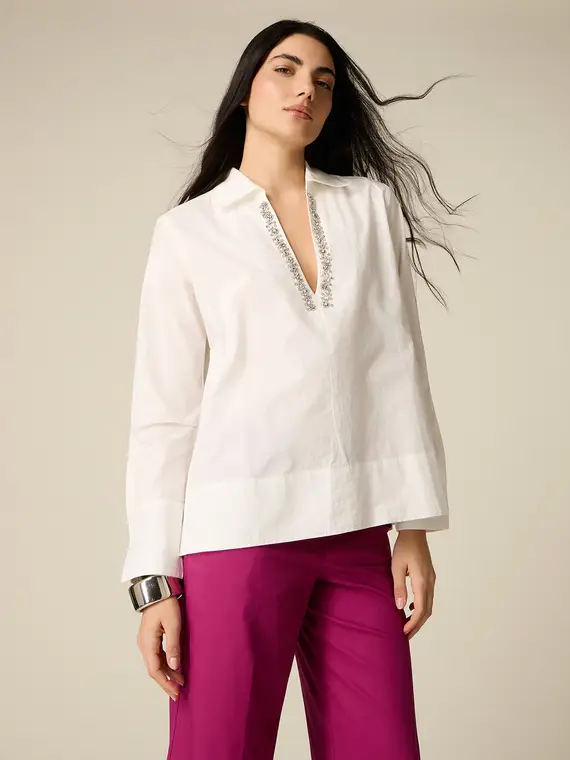Blusa in cotone con cristalli Donna, Bianco