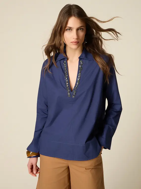 Blusa in cotone con cristalli Donna, Blu