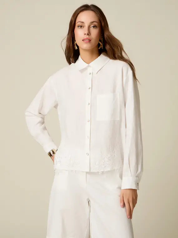 Oltre Camicia in lino con pizzo Donna, Bianco