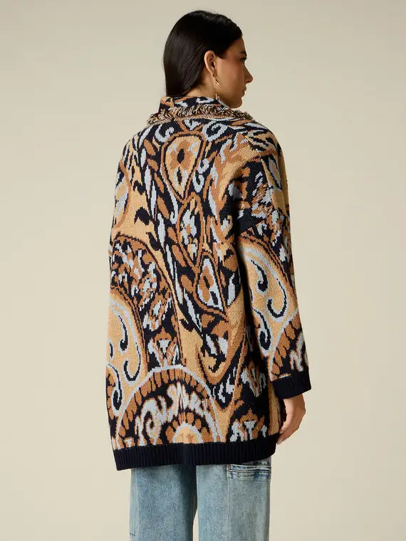 Oltre Cardigan lungo misto lana con frange e cristalli Donna, Beige
