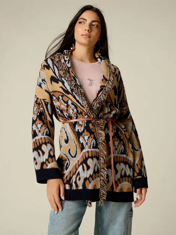 Oltre Cardigan lungo misto lana con frange e cristalli Donna