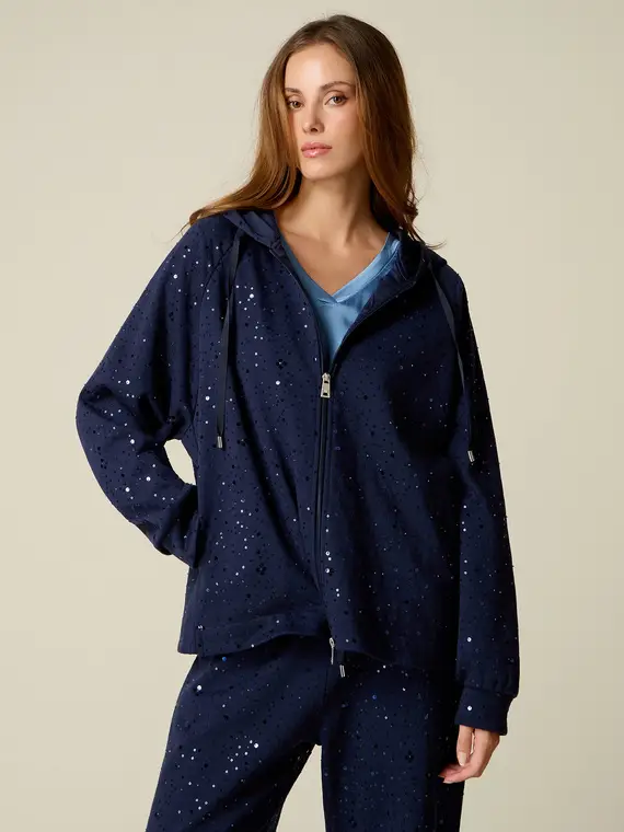Felpa con zip, cappuccio e paillettes Donna, Blu