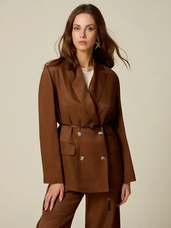 Oltre Giacca blazer in twill misto lino Donna, Marrone