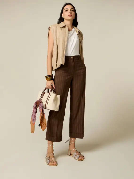 Oltre Pantaloni cropped gessati misto lino Donna, Marrone