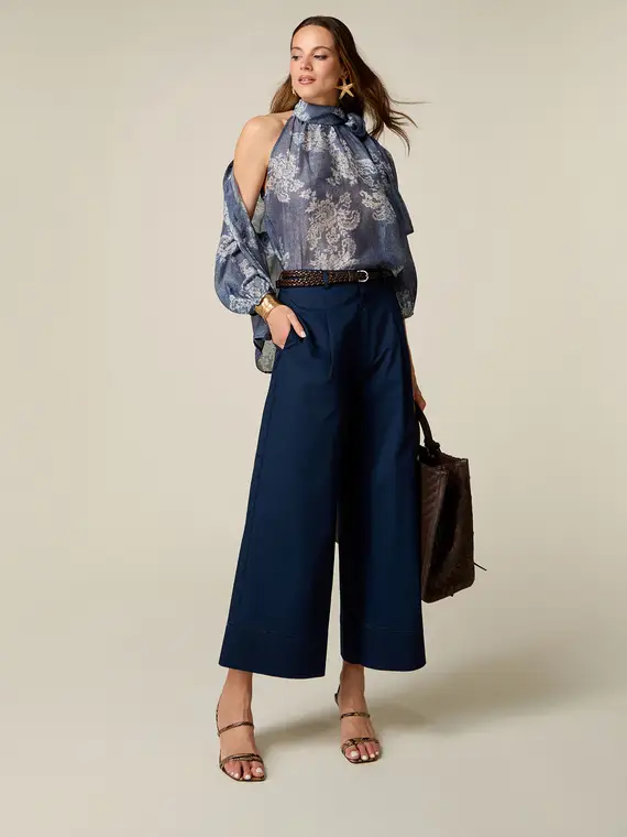 Oltre Pantaloni palazzo cropped con ajour Donna, Blu