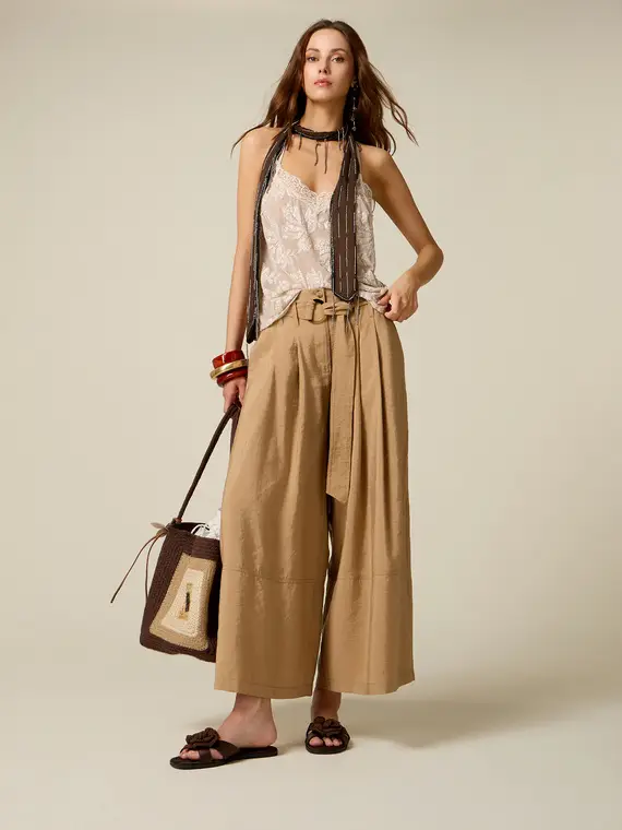 Oltre Pantaloni palazzo cropped misto modal Donna, Beige