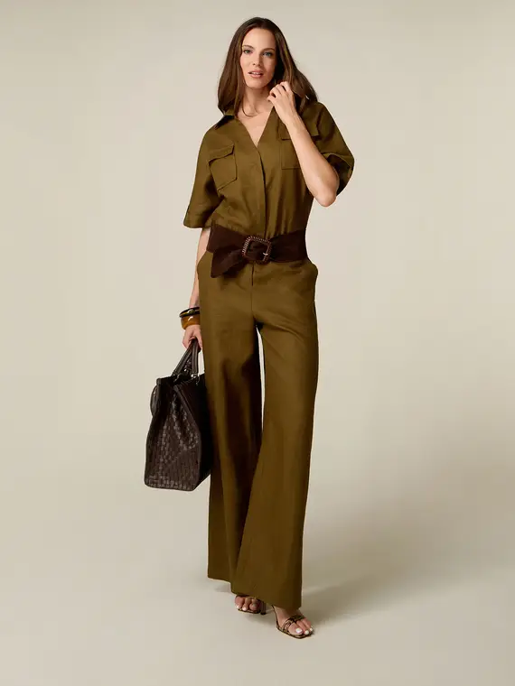 Oltre Pantaloni palazzo in lino Donna, Verde militare