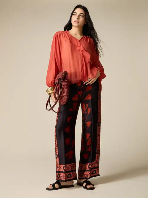 Oltre Pantaloni palazzo in raso fantasia Donna, Nero