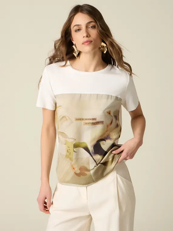 T-shirt con inserto in raso stampato Donna, Bianco +