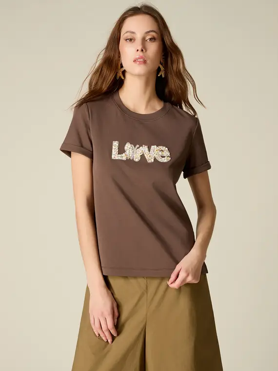 Oltre T-shirt con ricamo gioiello lettering Donna, Marrone