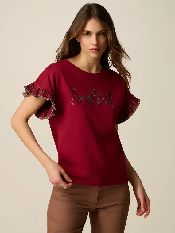 T-shirt in cotone con cristalli e rouches Donna, Bordeaux
