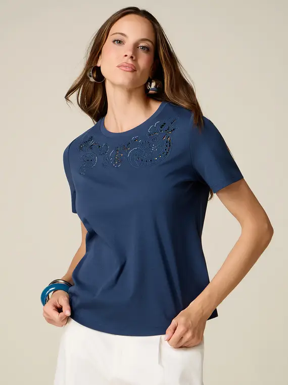 Oltre T-shirt in cotone con ricamo traforato Donna, Blu