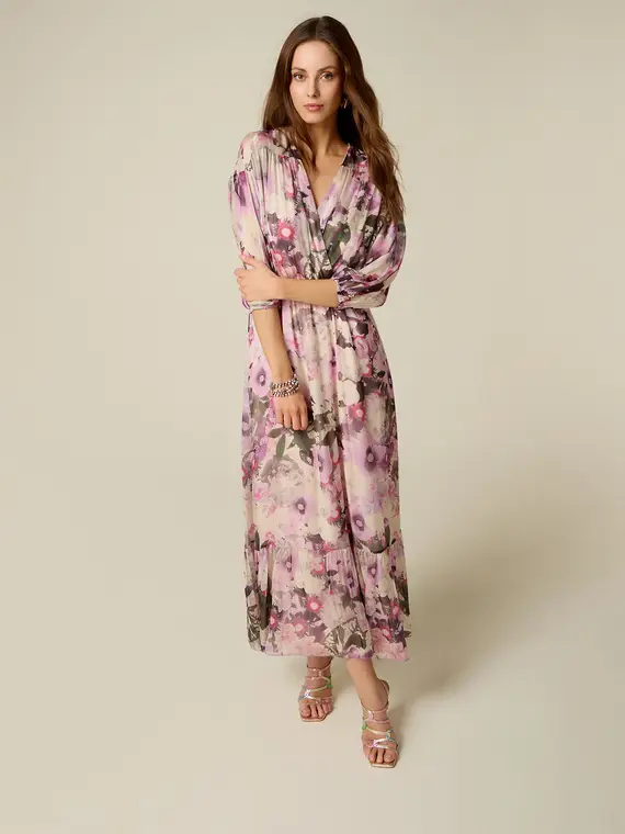 Oltre Vestito lungo in voile misto seta fantasia Donna, Rosa +