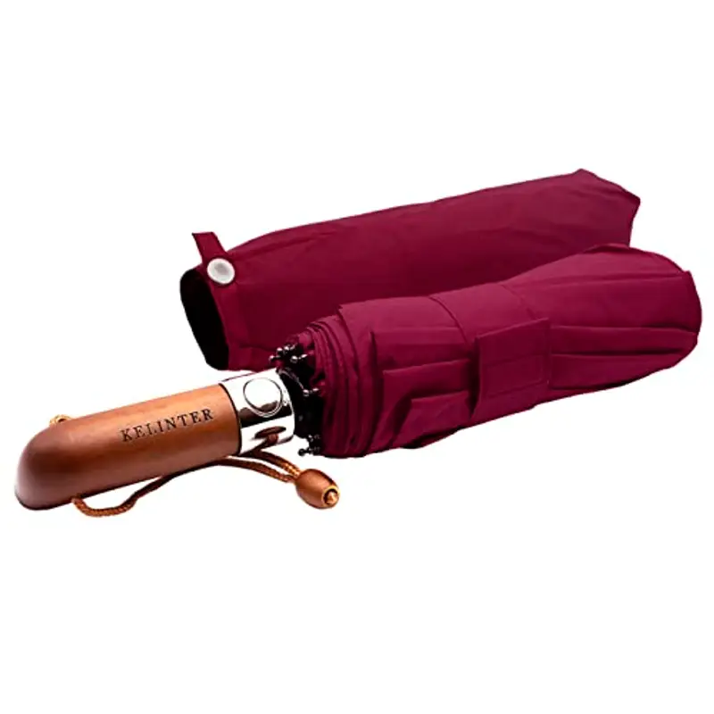 KELINTER Ombrello Pieghevole Automatico - 10 Steli Rinforzati, Teflon 300T, Antivento, Manico in Legno Ergonomico, Compatto 480g