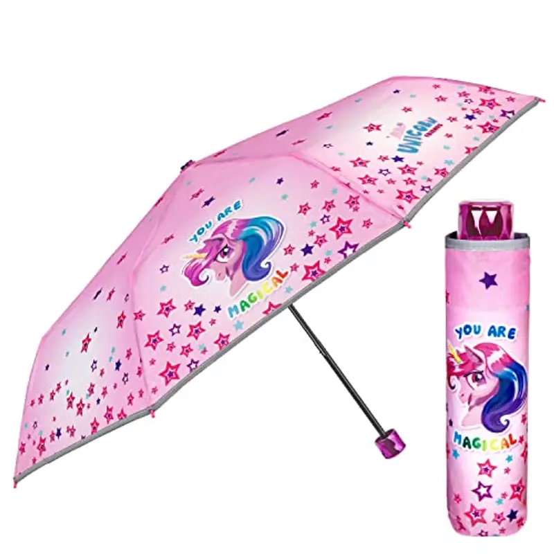 PERLETTI Ombrello Pieghevole Rosa con Stampa Unicorno per Bambina - Portatile con Stelle Colorate per Bimba - Ombrellino
