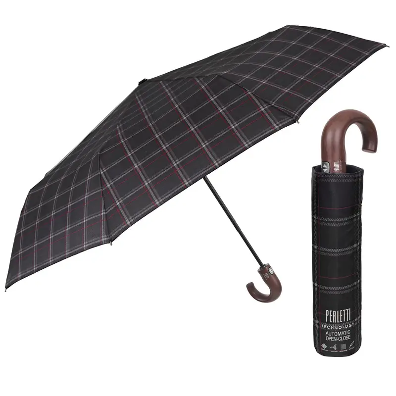 Perletti Ombrello Technology Apri e Chiudi Tartan con Manico Curvo