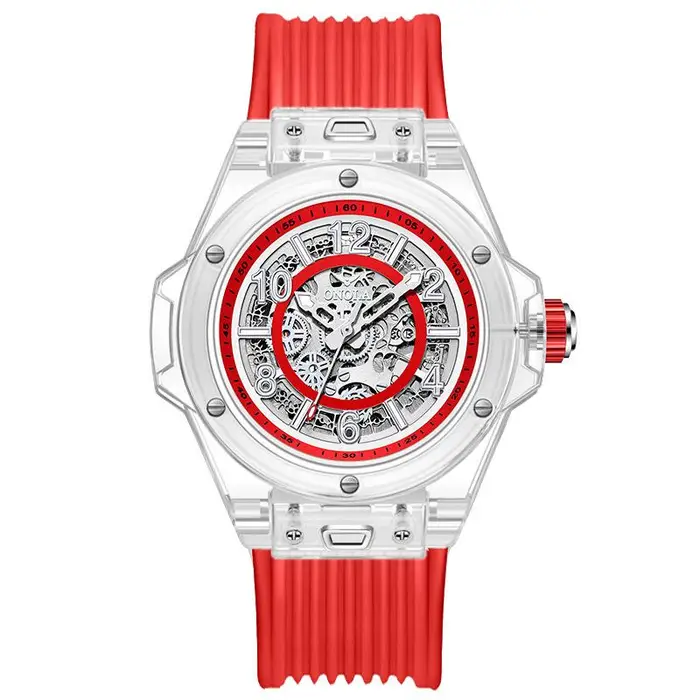 Orologi Fashion ONOLA da Uomo Orologi Meccanici Svuotati da Uomo Cassa Trasparente Forma Tonneau Orologi da Business Cinturino in Silicone Impermeabile Luminoso bianco/rosso