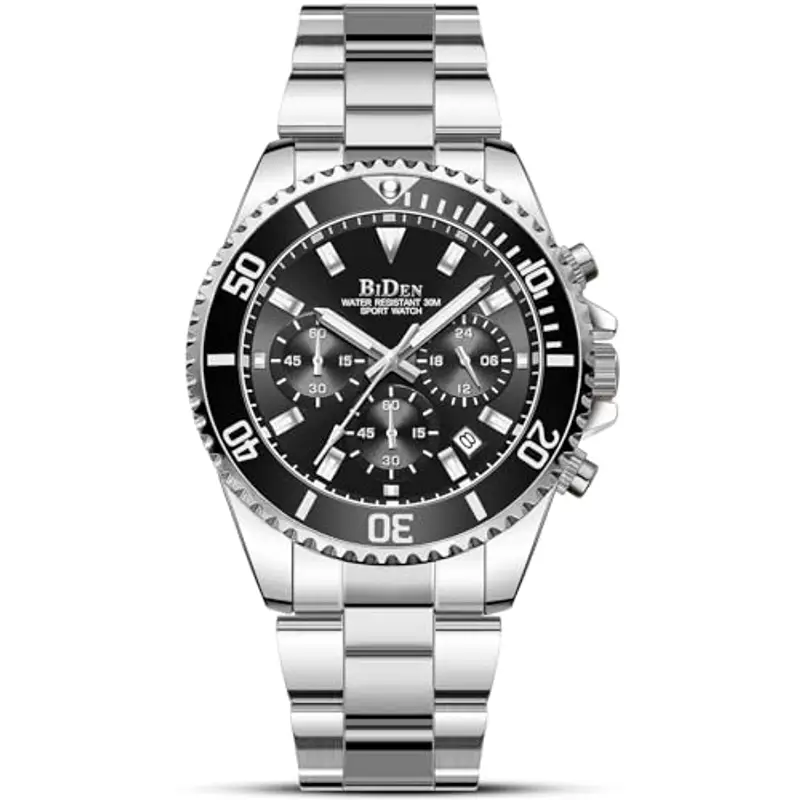 BIDEN Orologio Uomo Orologio Militare Acciaio Cronografo Impermeabile Luminosi Design Orologi Quadrante Grande da Polso
