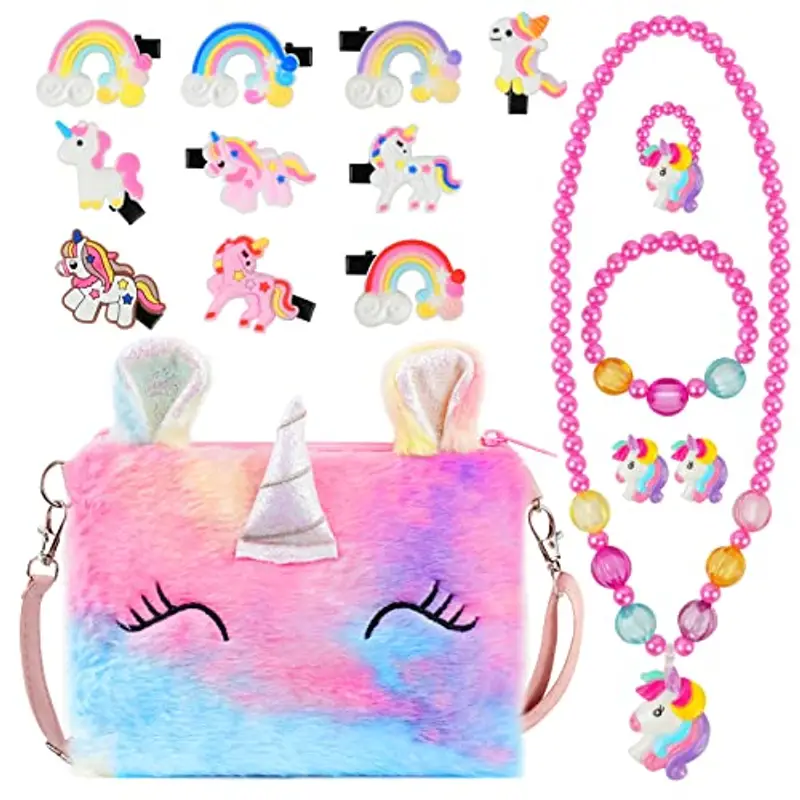 OSDUE Set di 16 Gioielli per Unicorno Borsetta Bambina, Unicorno Peluche Borsetta Bambina, Set Gioielli Unicorno Accessori per Capelli