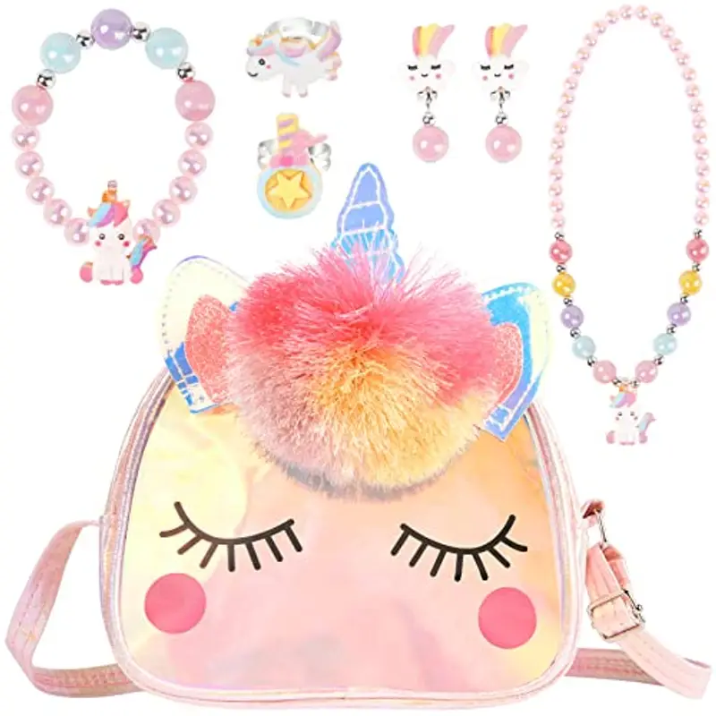 OSDUE Set di 7 Gioielli per Unicorno Borsetta Bambina, Peluche, Accessori per Capelli, Mollette, Collana, Bracciale, Anello, Unicorno