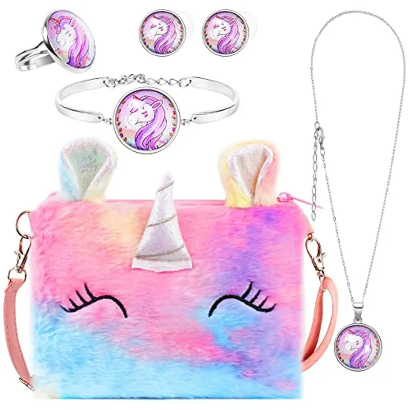 OSDUE Unicorno Borsetta Bambina Set Gioielli, Unicorno Regalo Peluche Borsetta Bambina Set Gioielli Unicorno Accessori per Capelli Mollette