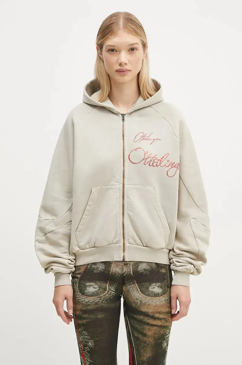 Ottolinger felpa in cotone Oversized Zip Hoodie donna colore beige con cappuccio con applicazione 1150204121