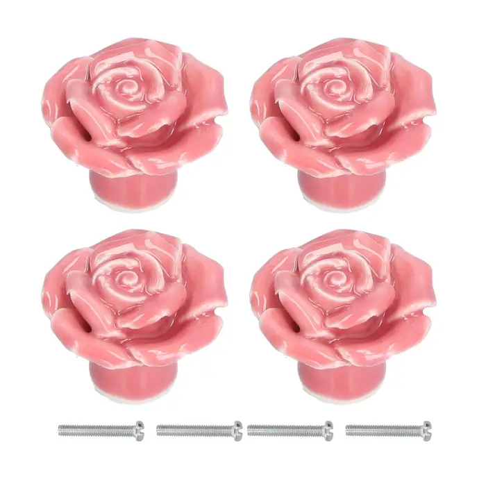 4 Set Maniglia a Forma di Rosa Pomello Moderno in Ceramica per Mobili per Casa Soggiorno Camera da LettoRosa