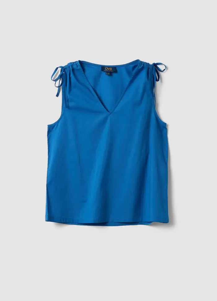 OVS Blusa Azzurra In Puro Cotone Con Scollo A V, Donna