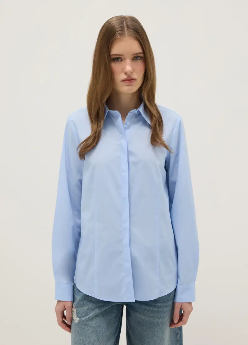 OVS Camicia Azzurra In Misto Cotone Slim Fit Con Collo Classico E Bottoni, Donna, Azzurro