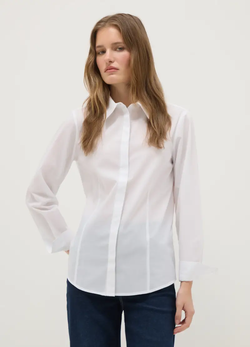 OVS Camicia Bianca In Misto Cotone Slim Fit Con Collo Classico E Bottoni, Donna, Bianco