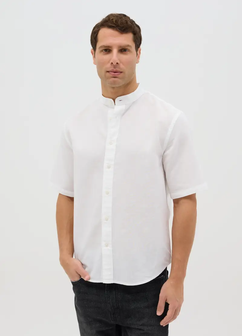 OVS Camicia Coreana In Cotone E Lino A Maniche Corte, Uomo, Bianco