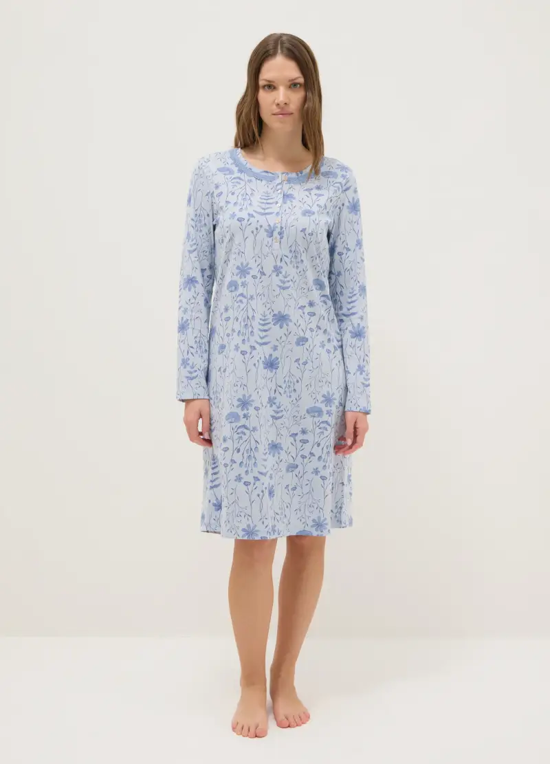 OVS Camicia Da Notte Azzurra In Puro Cotone Con Scollo Serafino, Donna, Azzurro