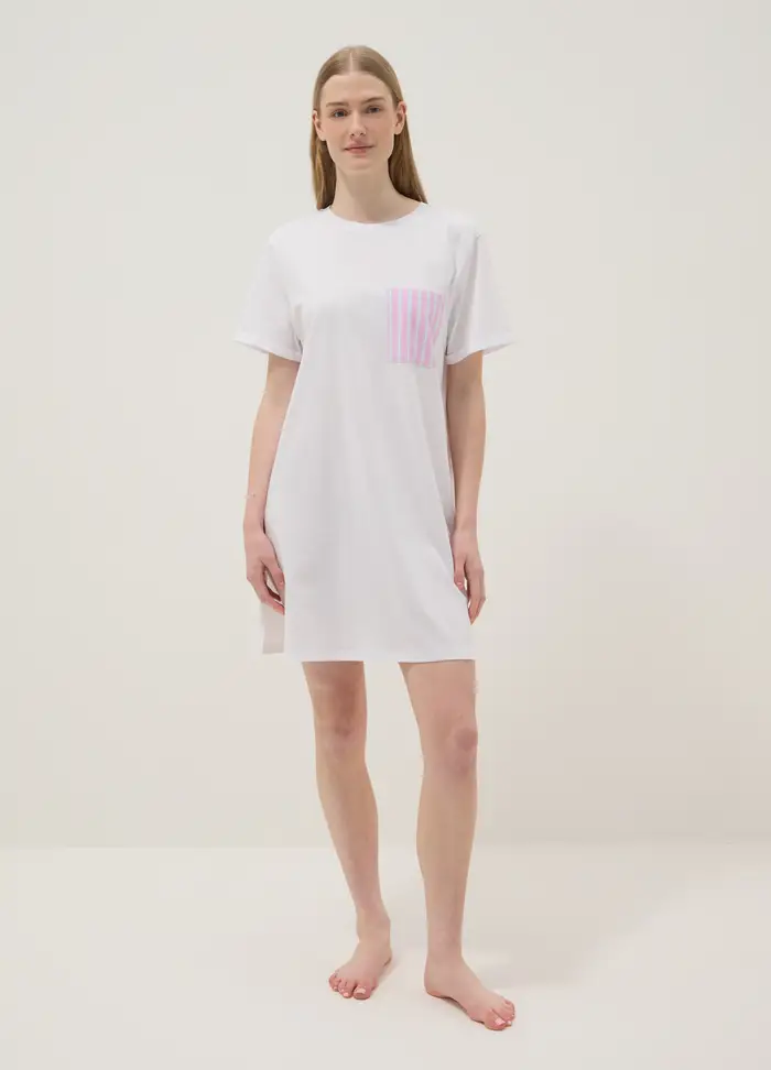 OVS Camicia Da Notte In Puro Cotone Bianca Con Taschino A Righe, Donna, Bianco
