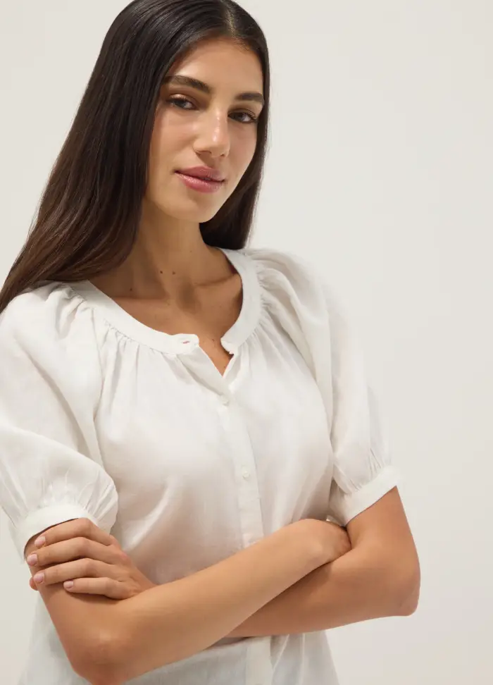 Camicia In Misto Lino Bianca Regular Fit Con Collo Alla Coreana, Donna, Bianco