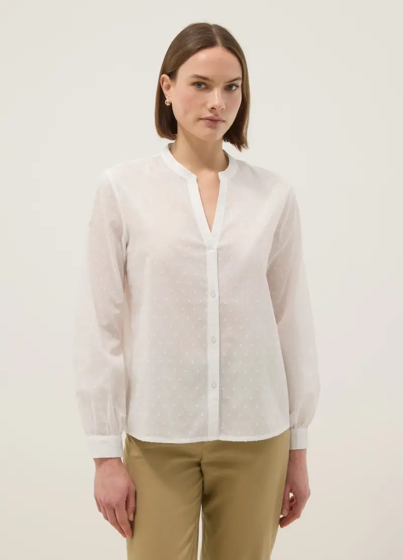 OVS Camicia In Puro Cotone Bianca Regular Fit Deep V Con Pois, Donna, Bianco