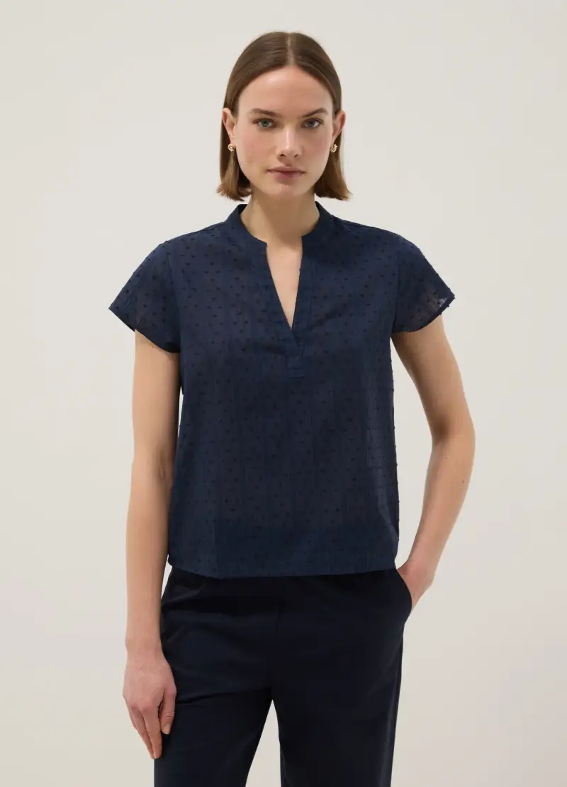 OVS Camicia In Puro Cotone Blu Regular Fit Deep V Con Trasparenze, Donna, Blu