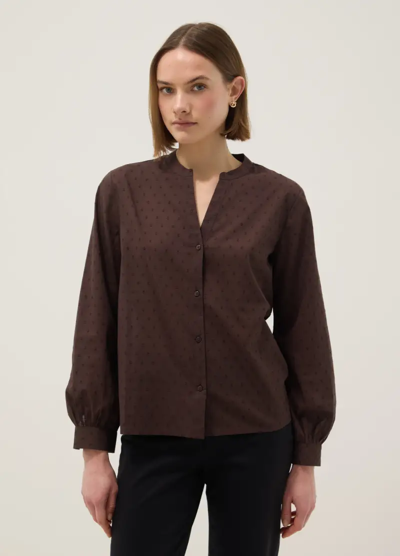 OVS Camicia In Puro Cotone Marrone Regular Fit Deep V Con Pois, Donna, Marrone